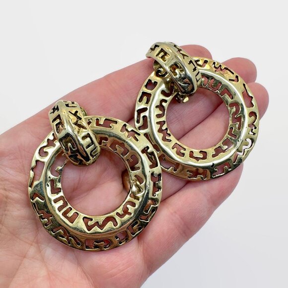 Door Knocker Earrings, Convertible, 1980s, 80s, Clips, Huggies, Gold Tone, Big - Picture 1 of 5